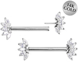 14G 9/16 Solid 14k White Gold CZ Floral Push In Threadless Nipple Ring Set