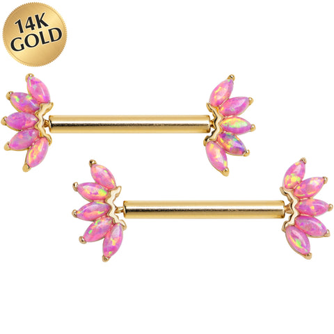 14G 9/16 Solid 14k Yellow Gold Synthetic Opal Floral Push In Threadless Nipple Ring Set