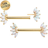 14G 9/16 Solid 14k Yellow Gold Synthetic Opal Floral Push In Threadless Nipple Ring Set