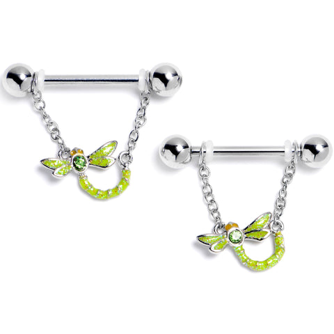 14G 9/16 Green Gem Glitter Dragonfly Dangle Nipple Ring Set