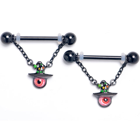 14G 9/16 Red Eye Witch Hat Chain Dangle Nipple Ring Set