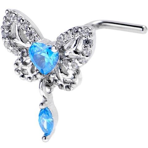 20G 1/4 Blue CZ Gem Butterfly Delight Dangle L Shape Nose Ring