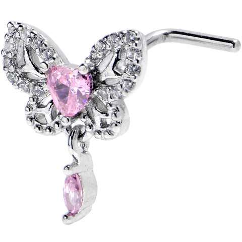 20G 1/4 Pink CZ Gem Butterfly Delight Dangle L Shape Nose Ring