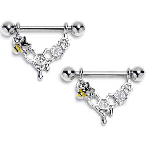 14G 9/16 Bee Hive Honey Dripper Dangle Nipple Ring Set