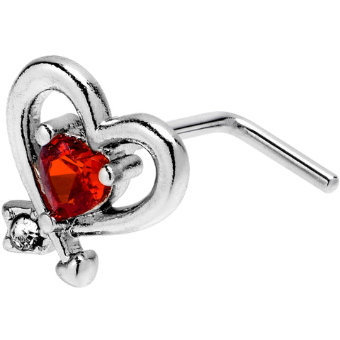 20G 7mm Red CZ Gem Wrapped In Heart L Shape Nose Ring