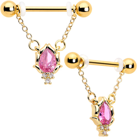 14G 9/16 Pink CZ Gem Gold Tone Style Fire Dangle Nipple Ring Set