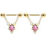 14G 9/16 Pink CZ Gem Gold Tone Style Fire Dangle Nipple Ring Set