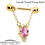 14G 9/16 Pink CZ Gem Gold Tone Style Fire Dangle Nipple Ring Set