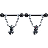 14G 9/16 Clear CZ Gem Black Raven Witch Dangle Nipple Ring Set