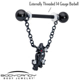 14G 9/16 Clear CZ Gem Black Raven Witch Dangle Nipple Ring Set