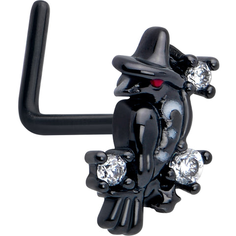 20G 7mm Clear CZ Gem Black Raven Witch L Shape Nose Ring