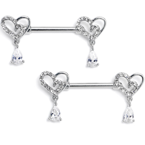 14G 9/16 Clear CZ Gem Asymmetrical Heart Dangle Nipple Ring Set