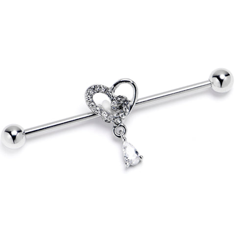 14G Clear CZ Gem Asymmetrical Heart Dangle Industrial Barbell 38mm