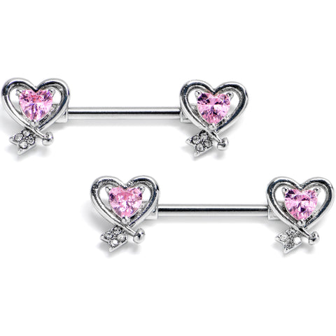 14G 9/16 Pink CZ Gem Wrapped In Heart Barbell Nipple Ring Set