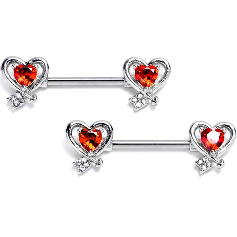 14G 9/16 Red CZ Gem Wrapped In Heart Barbell Nipple Ring Set