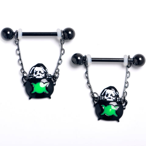 14G 9/16 Black Triple Moon Cauldron Dangle Nipple Ring Set