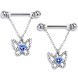 14G 9/16 Clear Gem Fabulous Butterfly Blue Dangle Nipple Ring Set