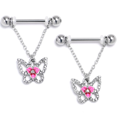 14G 9/16 Clear Gem Fabulous Butterfly Pink Dangle Nipple Ring Set