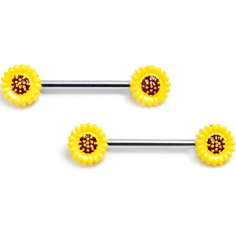 14G 9/16 Sunny Simple Sunflower Barbell Nipple Ring Set