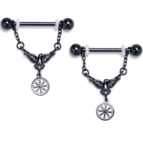 14G 9/16 Black Raven Bird Wheel Dangle Nipple Ring Set