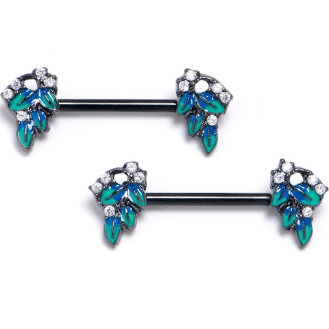 14G 9/16 Clear CZ Gem Black Lush Leaves Barbell Nipple Ring Set