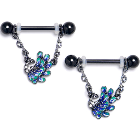 14G 9/16 Clear Gem Black Peacock Green Dangle Nipple Ring Set
