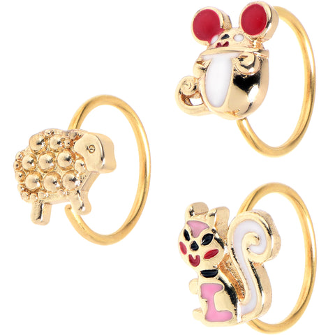 20G 5/16 Gold Tone Pretty Critters Nose Hoop Set of 3