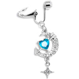 Clear Blue Gem Moon Lover Dangle Clip On Fake Belly Ring