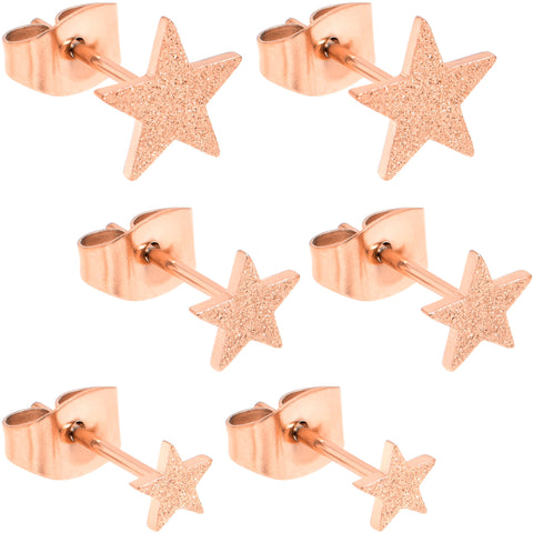 4mm-8mm Stars Stud Rose Gold Tone 316L Stainless Steel Earrings 6 Pack