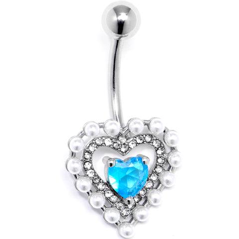 Blue CZ Gem Pearly Heart Belly Ring