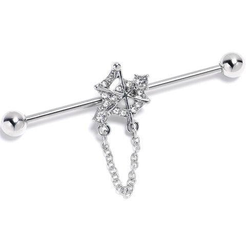 14G Clear Gem Spiderweb Chain Dangle Industrial Barbell 38mm