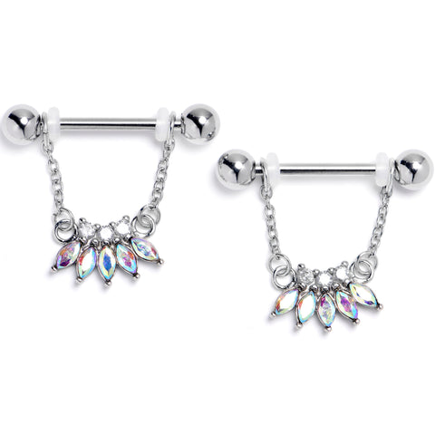 14G 9/16 Aurora Gem Fashion Fan Chain Dangle Nipple Ring Set