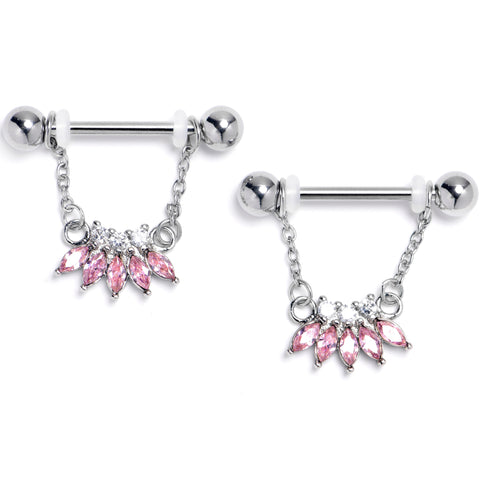 14G 9/16 Pink Gem Fashion Fan Chain Dangle Nipple Ring Set