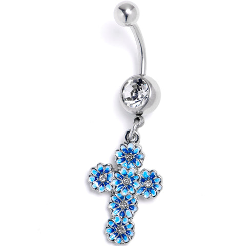 Clear Gem Beautifully Blue Flower Cross Dangle Belly Ring