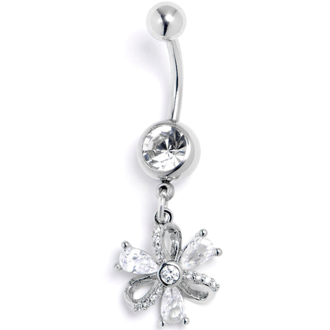 Clear CZ Gem Bling Flower Dangle Belly Ring