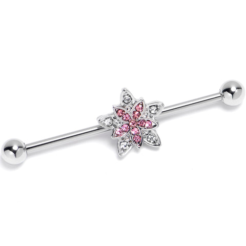 14G Clear Pink Gem Snowflake Flower Industrial Barbell 38mm