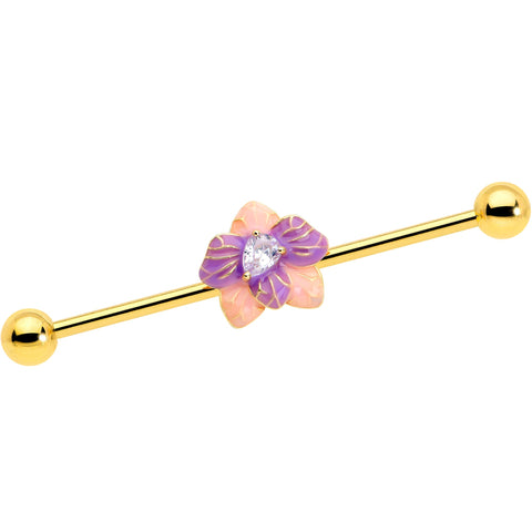 14G Clear Gem Gold Tone Pastel Flower Industrial Barbell 38mm