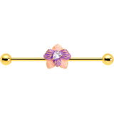 14G Clear Gem Gold Tone Pastel Flower Industrial Barbell 38mm