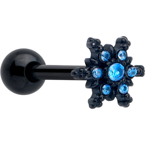 Blue CZ Gem Black Gothic Winter Holiday Snowflake Barbell Tongue Ring