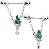 14G 9/16 Aurora CZ Gem Morning Leaves Chain Dangle Nipple Ring Set