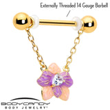 14G 9/16 Clear Gem Gold Tone Pastel Flower Dangle Nipple Ring Set