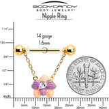 14G 9/16 Clear Gem Gold Tone Pastel Flower Dangle Nipple Ring Set