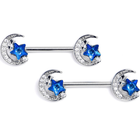 14G 9/16 Blue CZ Gem Starry Night Sky Barbell Nipple Ring Set