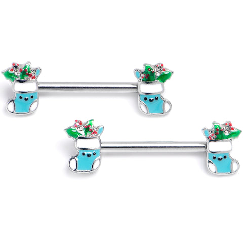 14G 9/16 Festive Blue Christmas Stocking Barbell Nipple Ring Set