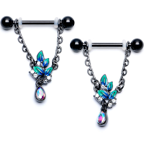 14G 9/16 Aurora CZ Gem Black Lush Leaves Dangle Nipple Ring Set