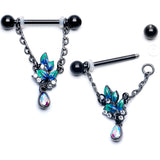 14G 9/16 Aurora CZ Gem Black Lush Leaves Dangle Nipple Ring Set