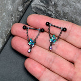 14G 9/16 Aurora CZ Gem Black Lush Leaves Dangle Nipple Ring Set