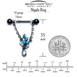 14G 9/16 Aurora CZ Gem Black Lush Leaves Dangle Nipple Ring Set