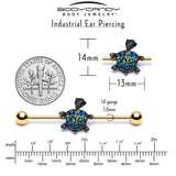 14G Blue Gem Gold Tone Sweet Sea Turtle Industrial Barbell 38mm