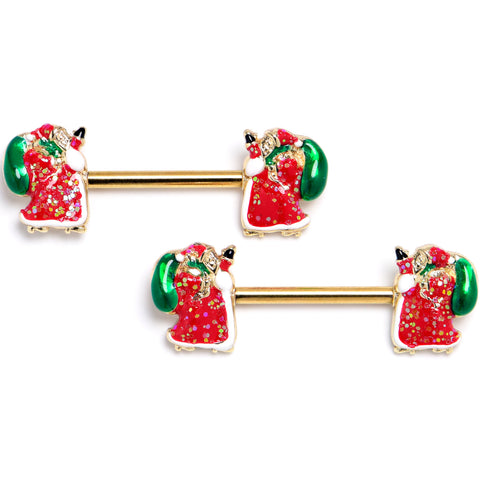14G 9/16 Gold Tone Glitter Santa Red Barbell Nipple Ring Set